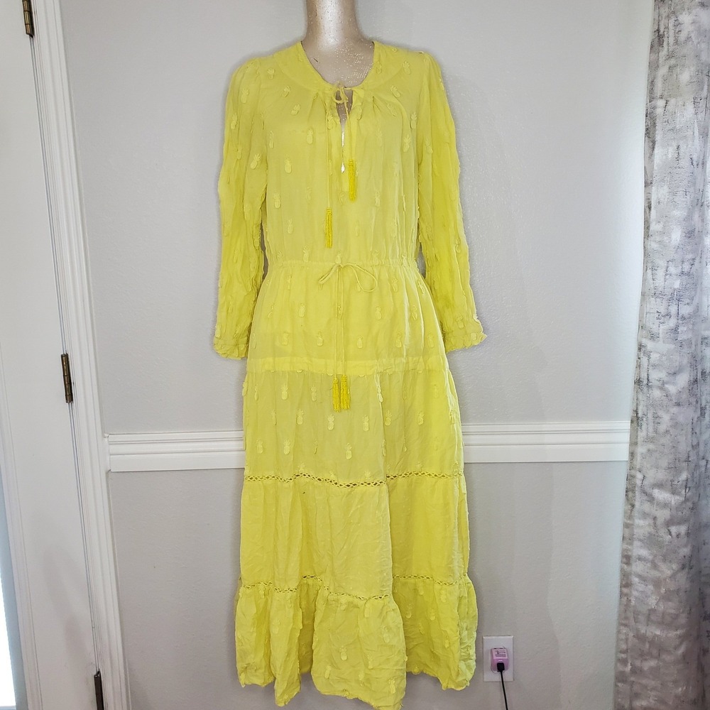 Farm Rio Yellow Pineapple Embroidered Tiered Maxi Dress Large Boho Tropical - Picture 2 of 11